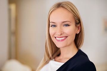Image showing Smile, closeup and portrait of business woman in office, workspace and confident for corporate career with mockup space. Female person, employee and legal worker as lawyer, attorney or solicitor