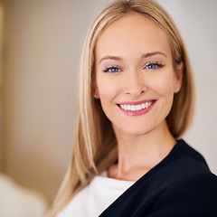 Image showing Closeup, happy and portrait of business woman in office, workspace and confident for corporate career. Female person, employee and legal worker as lawyer, attorney and solicitor in Amsterdam