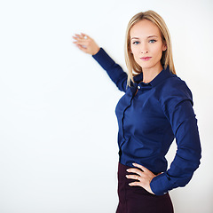 Image showing Portrait, business and professional with woman, startup and confident employee on white studio background. Face, person and model with entrepreneur or corporate with stylish clothes and PR consultant