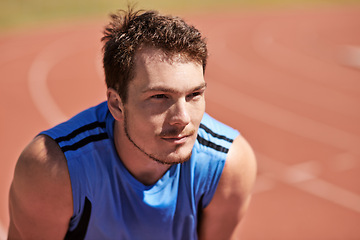 Image showing Athlete, thinking or idea of running, fitness or exercise as planning, workout or sport arena. Man, runner or vision for training, health or wellness in performance, cardio or commitment outdoor