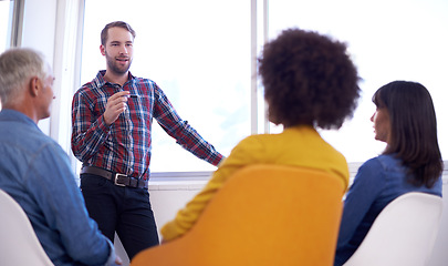 Image showing Team, business people and meeting with leader for presentation, discussion and planning project in creative startup. Group, speaker and diverse designers brainstorming strategy or training together