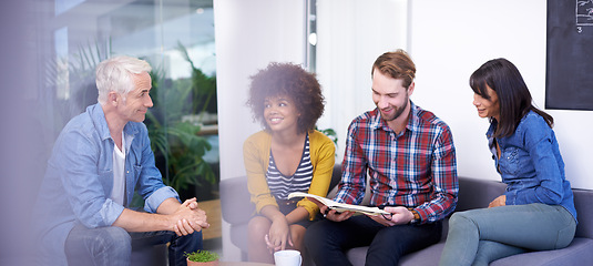 Image showing Happy team, business people and meeting with manager for discussion, collaboration and planning in creative startup. Group, diverse designers and conversation for brainstorming strategy together