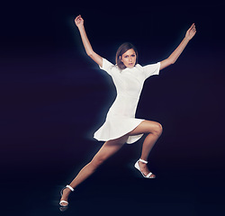 Image showing Portrait, woman and dancing in black background with balance, movement and beauty for performance. Professional dancer, training and practice for concert in studio creative, confident and elegant