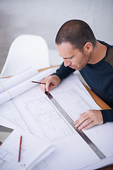 Image showing Man, architect and floor plan or building draft as blueprint design with ruler for property sketch, drawing or engineering. Male person, pencil and project or renovation paper, illustration or scale