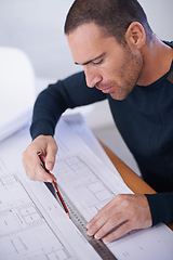 Image showing Man, architect and floor plan or drawing building as blueprint design with ruler for planning, drafting or engineering. Male person, pencil and project with renovation paper, illustration or scale