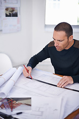 Image showing Man, architect and floor plan or drawing design as property blueprint with ruler for planning, drafting or engineering. Male person, pencil and project with renovation paper, illustration or scale