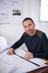 Image showing Man, portrait and architecture floor plan or engineering design with blueprint sketch, building or project planning. Male person, face and ruler with paperwork drawing for renovation, property or job