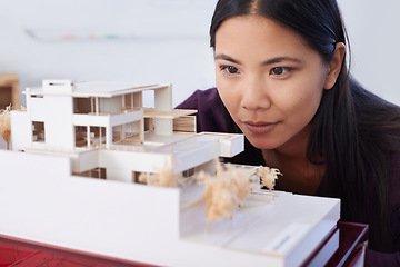 Image showing Woman, architecture and model or construction building as engineer design or project planning, renovation or house. Asian person, property and 3d infrastructure or apartment, floor plan or developer