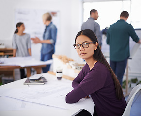 Image showing Portrait, architecture and blueprint with designer asian woman in office for construction, planning or project management. Building, design and documents with architect in workplace for development