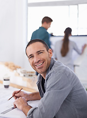 Image showing Portrait, smile and blueprint with architect man in office for construction, planning or project management. Architecture, building design and floor plan documents with mature developer in workplace