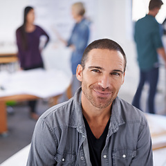 Image showing Building, smile and portrait of architect man in office for creative, design or project management. Architecture, construction and development with face of mature designer in professional workplace