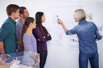 Image showing Architecture, blueprint and presentation with developer team in office together for meeting or planning. Building, collaboration or construction with man and woman architect group in design workplace