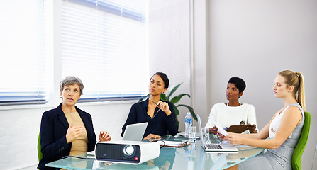 Image showing Teamwork, meeting and business women on laptop for presentation, website and online project. Company startup, corporate and people with projector for planning, discussion and collaboration in office