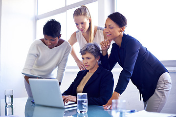 Image showing Business people, laptop and meeting for web design, team in boardroom for creative project and software. Collaboration, technology and group review work at digital agency for website development