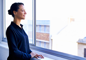 Image showing Vision, thinking and woman at window in office with business idea, opportunity and smile. Reflection, memory and businesswoman planning future growth, ambition and inspiration for dream job on mockup