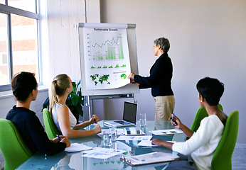 Image showing Business people, meeting and data analytics on board for market research, statistics and information for review. Analysis, paperwork and numbers for growth in company, graphs and charts in boardroom