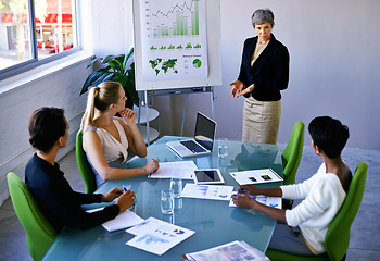 Image showing Business people, meeting and boardroom presentation with graphs teamwork for financial analytics, charts or training. Women, man and paperwork in conference room or company report, review or strategy