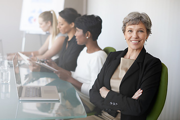 Image showing Business people, portrait and boardroom meeting or teamwork presentation or company staff, clients or confidence. Mature woman, face and corporate professional or financial planning, report or review