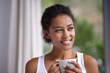Image showing Smile, thinking and woman with coffee on a balcony with peace, reflection or calm morning. Face, remember and female person on a terrace with tea, idea or happy, memory or insight with view of nature