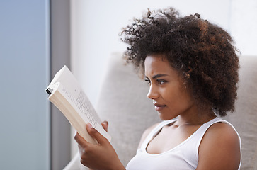 Image showing Woman, bed and reading book relax in home for holiday activity or relaxing vacation in morning, day off or weekend. Female person, bedding and Sunday resting in apartment for hobby, calm or peace