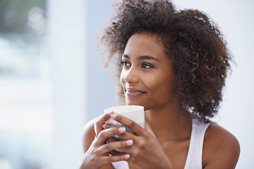 Image showing Happy woman, thinking and morning with cup of coffee, relax and warm beverage for wellness in home. Young, lady and positive with espresso for inspiration and energy on weekend vacation in apartment