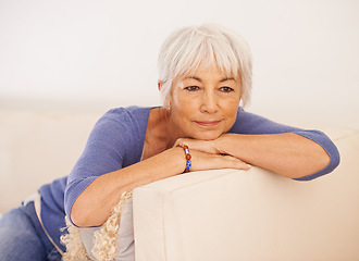 Image showing Mature woman, thinking and smile on couch, peace and memory to remember in living room. Happy female person, positive and planning for wellness in retirement, calm and daydreaming on mockup space