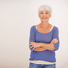 Image showing Mockup, smile and portrait of elderly woman with outfit, confidence and natural for fashion isolated on white background. Senior lady, female person and face for casual, apparel and trendy in studio