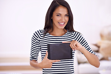 Image showing Woman, tablet and screen with mockup for advertising, tech and UX on website or app ads with information. Portrait for online presentation, digital marketing and software with network and internet