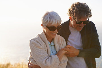 Image showing Smile, field and elderly couple in nature for travel, sunset walk or retirement holiday together. Coast, hill and senior people with happiness for tourism, summer vacation and bonding in California