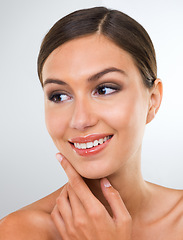 Image showing Skincare, woman and smile in studio shirtless, beauty and makeup on white background. Female person or model, healthy and wellness skin with cosmetics as daily treatment for confidence and pride