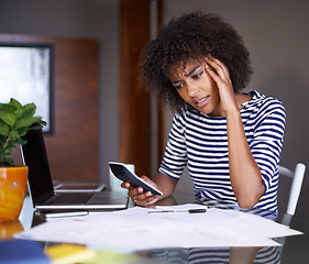 Image showing Woman, finance and thinking of stress at home, table with documents for tax and calculating debt. African female person, debit bill for online payment report, budget or planning for accounting audit