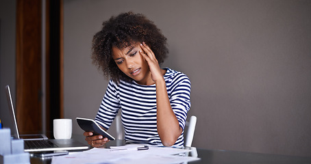 Image showing Woman, finance and thinking of stress at home, table with documents for tax and calculating debt. African female person, bills and vision of online payment report, budget and planning with worry