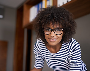 Image showing Portrait, remote work and happy black woman in startup business for entrepreneur, designer and creative company. Face, proud and young afro person for confidence, happiness and pride in workplace