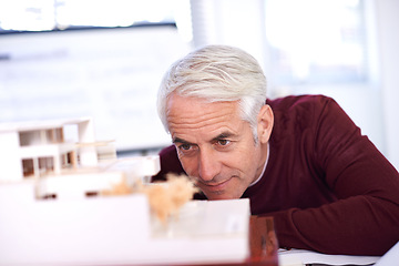 Image showing Male architect, manager or planning with building model, design and architecture for business. Property, development or project management for professional, contractor or construction or person