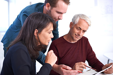 Image showing Architects, collaboration and planning with blueprint, teamwork and team meeting in office. Talking, construction or strategy for architecture, contractor or property developer for project management