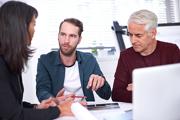 Image showing Architects, laptop and meeting with office, diversity and discussion and creative partnership. Businessman, plans and engineering with blueprint, brainstorming and problem solving for startup agency