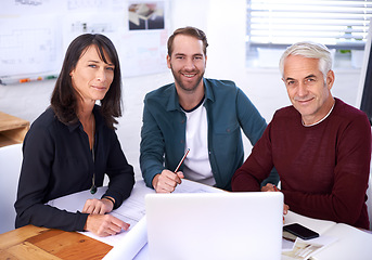 Image showing Architects, laptop and discussion with agency, portrait and meeting and creative partnership. Businessman, plans and engineering with blueprint, brainstorming and problem solving for startup office