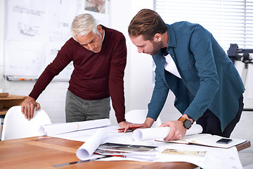 Image showing Coworker, man and blueprint with drawing at office with pencil for a building design or renovation, teamwork and project as architects. Business, people and collaboration on task, plan and layout