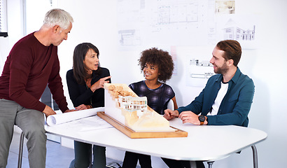 Image showing Team, architect and meeting with model for construction, building and development. Employees, engineer and collaboration with diversity working on idea, 3d or design of structure, house or project