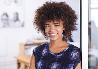 Image showing Black woman, smile and portrait in office or workplace for project or meeting with casual outfit. Businesswoman, entrepreneur and corporate at work with confident or professional in boardroom