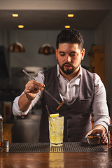 Image showing Expert bartender garnishing a cocktail at bar