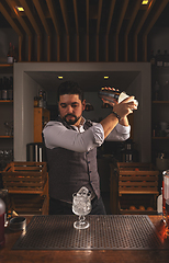 Image showing Professional bartender shaking cocktail at bar