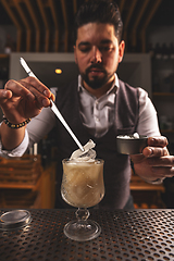 Image showing Bartender garnishing craft cocktail with precision