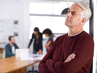 Image showing Thinking, manager and male architect with team meeting, leader or ceo with colleagues. Boardroom, collaboration and design of building architecture for firm in office, planning and future goals