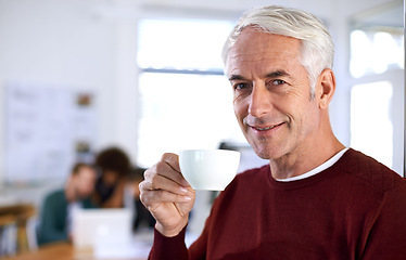 Image showing Portrait, architect and male manager with coffee, smile and architecture for business. Property, development or project management for senior professional, contractor or construction or remodeling