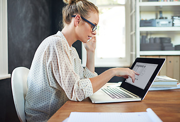 Image showing Woman, computer or phone call in business, data or analysis in feedback, review or communication. Businesswoman, laptop or smartphone to talk, budget or planning of project management proposal