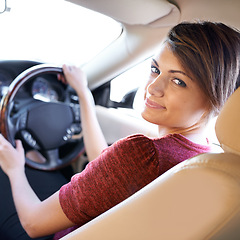 Image showing Portrait, driving and woman on morning commute, road trip or journey to work in rental. Travel, transport and happy female driver at wheel of car with confidence, test drive and auto insurance.