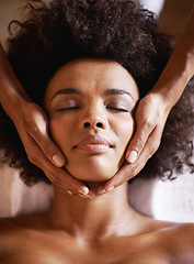 Image showing Woman, cosmetics and massage on face with hands and care for facial, spa and beauty treatment on bed. Above, towel and calm african female person with skincare and relax at a hotel with skin glow