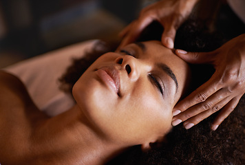 Image showing Woman, face and massage with hands and reflexology for facial, spa wellness and beauty treatment on bed. Skin, towel and calm african female person with skincare and relax at hotel with glow