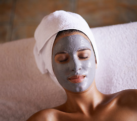 Image showing Woman, wellness and mask in spa for skincare, beauty and cosmetic treatment for break or peace. Young person and natural for holistic therapy for facial clean and hygiene with product for peel